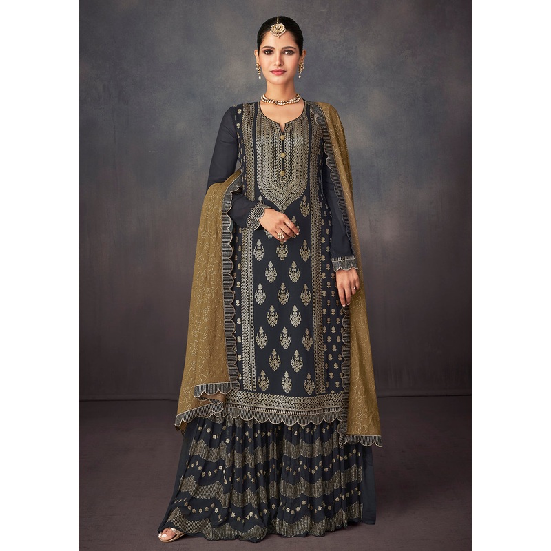 Charcoal Grey Georgette Embellished Festive Sharara Suit