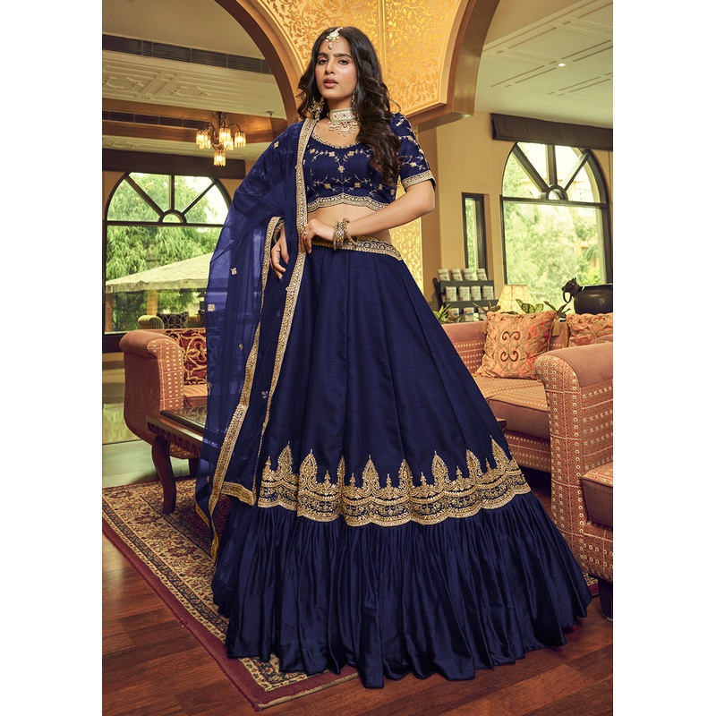 Charming Navy Blue Lino Silk Ruffle Party Wear Lehenga Choli