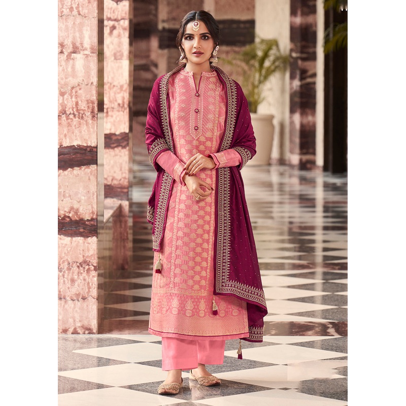 Charming Pink Dola Silk Jacquard Festival Salwar Kameez