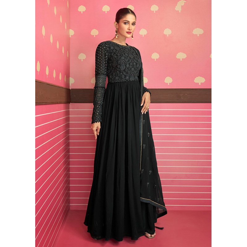 Classy Midnight Black Embroidered Long Palazzo Suit