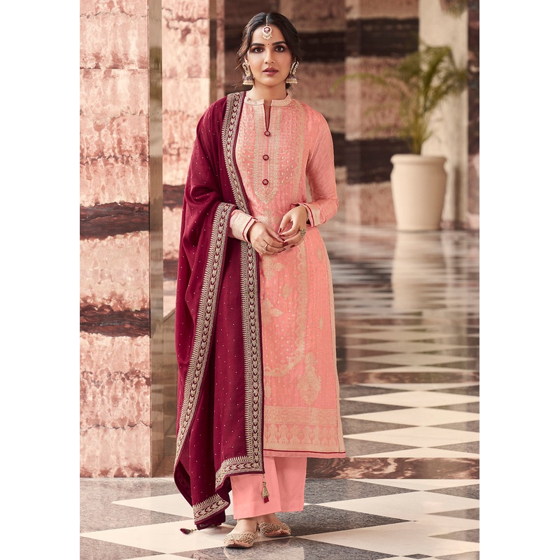 Coral Peach Dola Silk Jacquard Festival Salwar Kameez