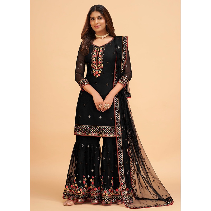 Dazzling Black Wedding Embroidered Sharara Suit