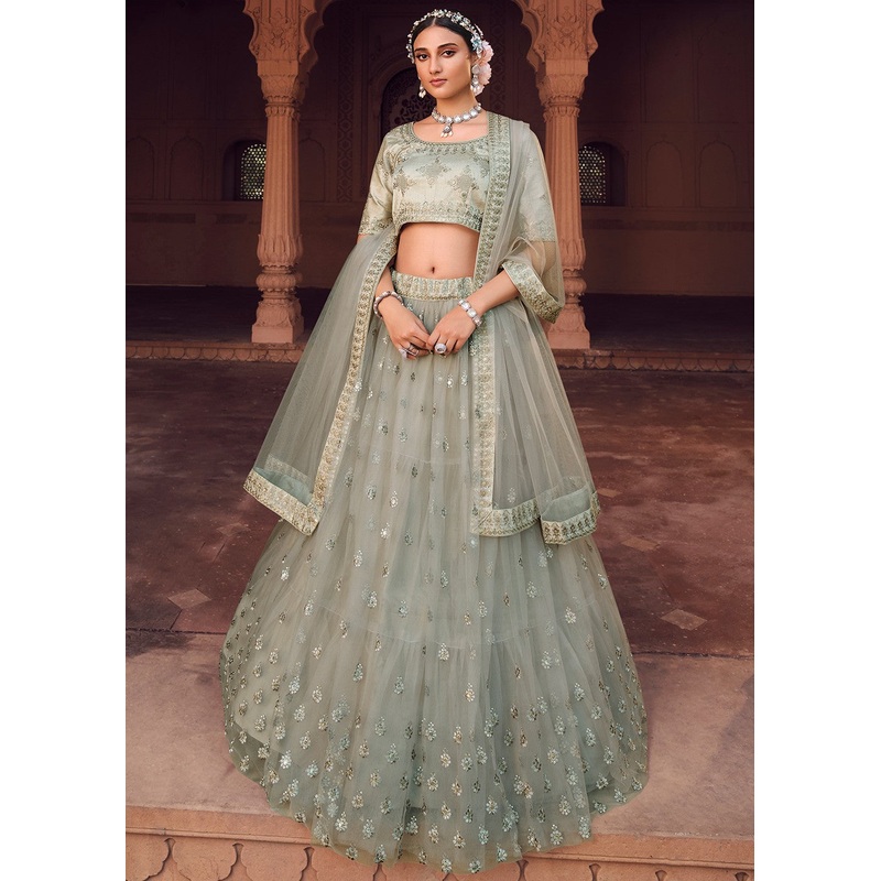 Delightful Grey Net Tiered Heavy A Line Lehenga Choli
