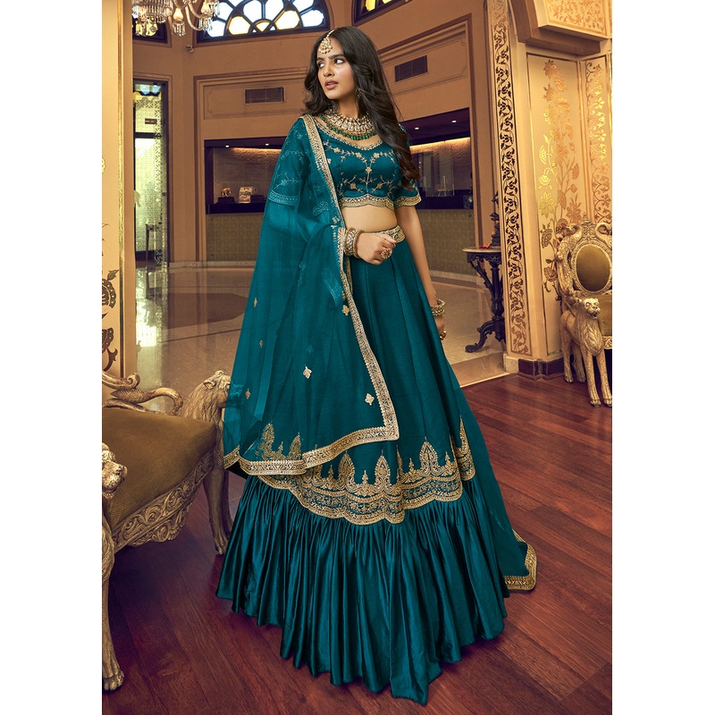 Delightful Rama Blue Lino Silk Ruffle Party Wear Lehenga Choli