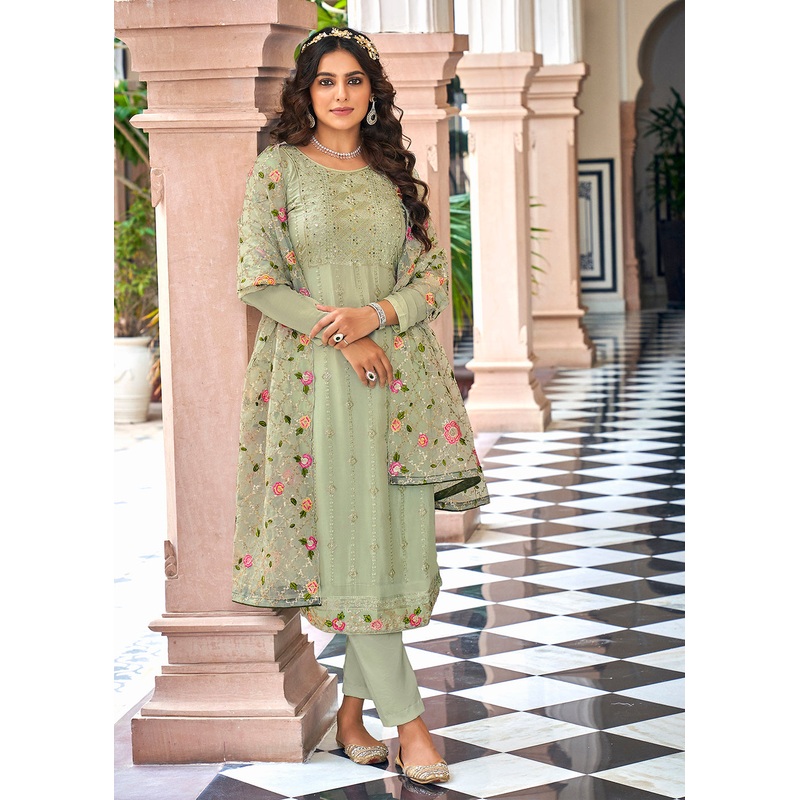 Designer Embroidered Light Green Trendy Salwar Suit