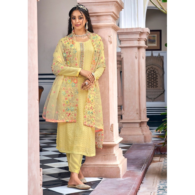 Designer Embroidered Light Yellow Trendy Salwar Suit