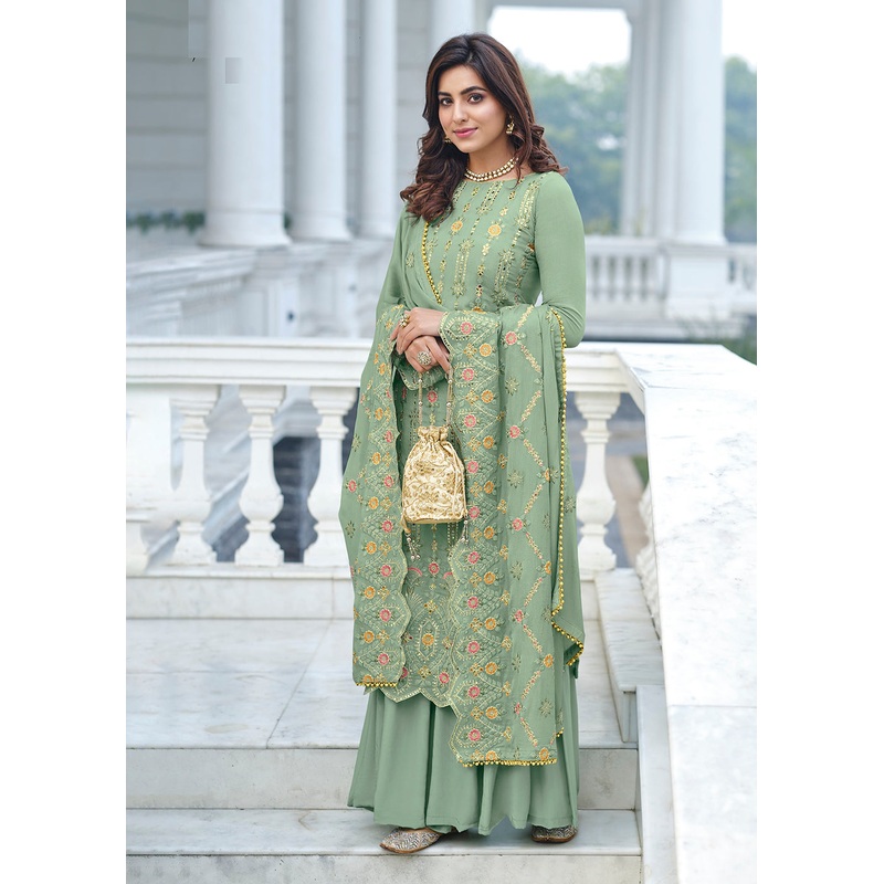 Exclusive Embroidered Green Chinon Palazzo Salwar Suit