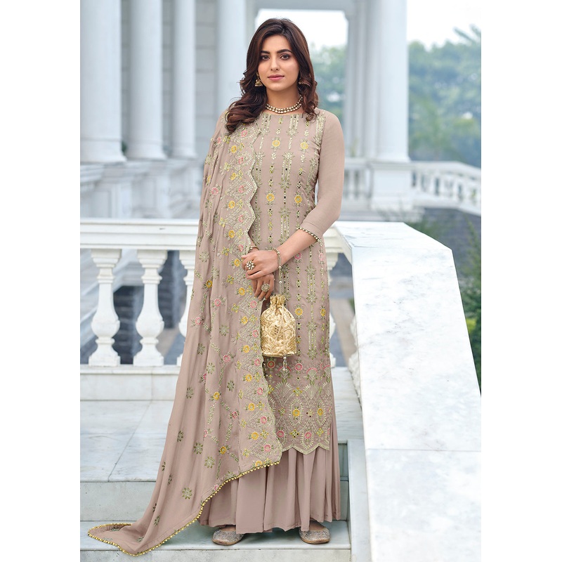 Exclusive Embroidered Grey Chinon Palazzo Salwar Suit