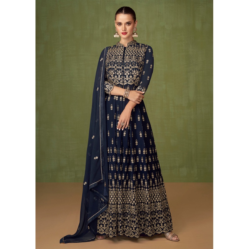Fetching Navy Blue Georgette Wedding Party Anarkali Suit