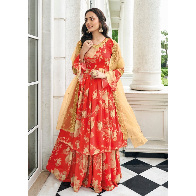 Floral Printed Memorable Red Trendy Sharara Style Suit