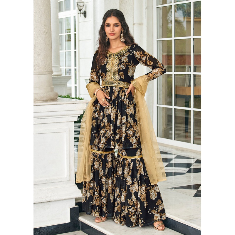 Floral Printed Royal Black Trendy Sharara Style Suit
