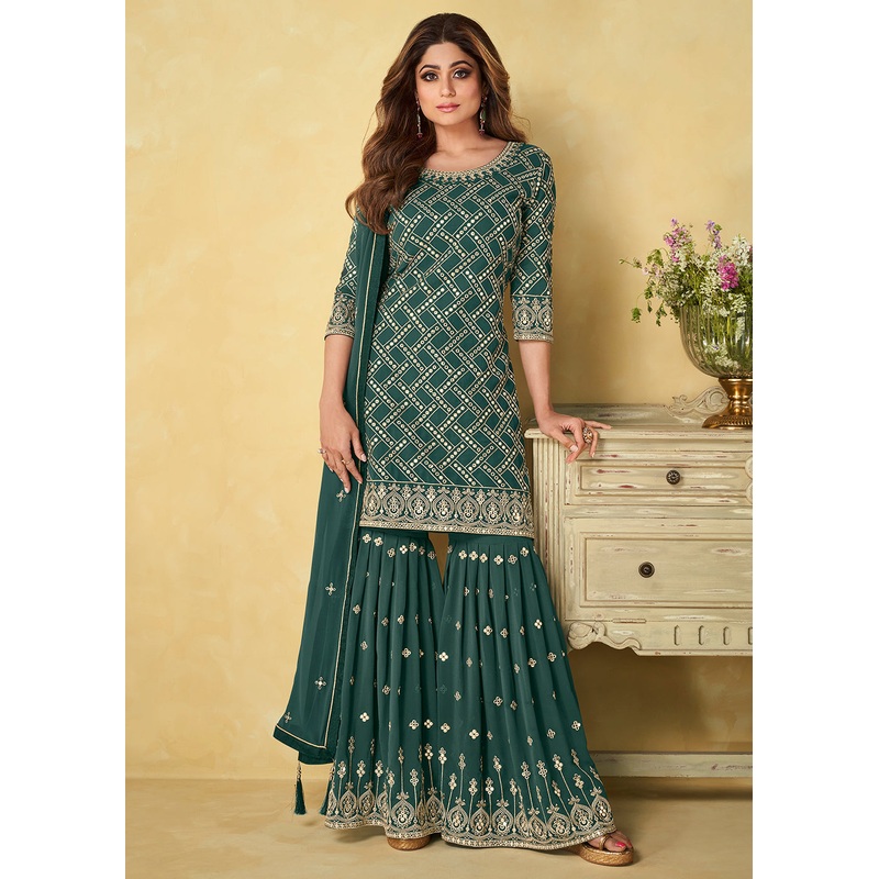 Foil Mirror Glamorous Teal Green Festive Wear Palazzo Suit