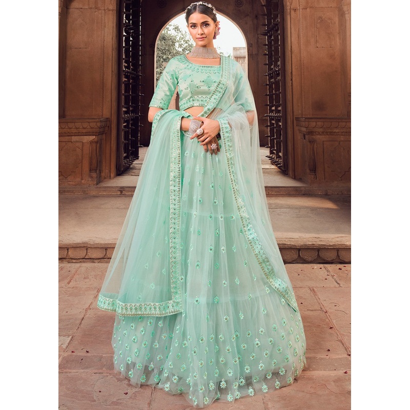 Glamorous Sky Blue Tiered Heavy Lehenga Choli
