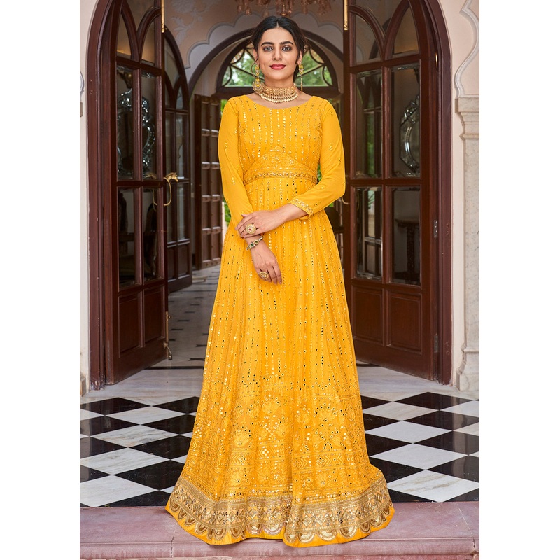 Gold Yellow Pretty Embellished Work Wedding Anarkali Dress