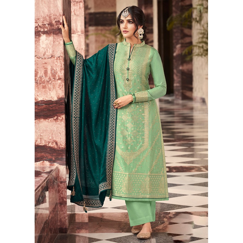Gorgeous Green Dola Silk Jacquard Festival Salwar Kameez