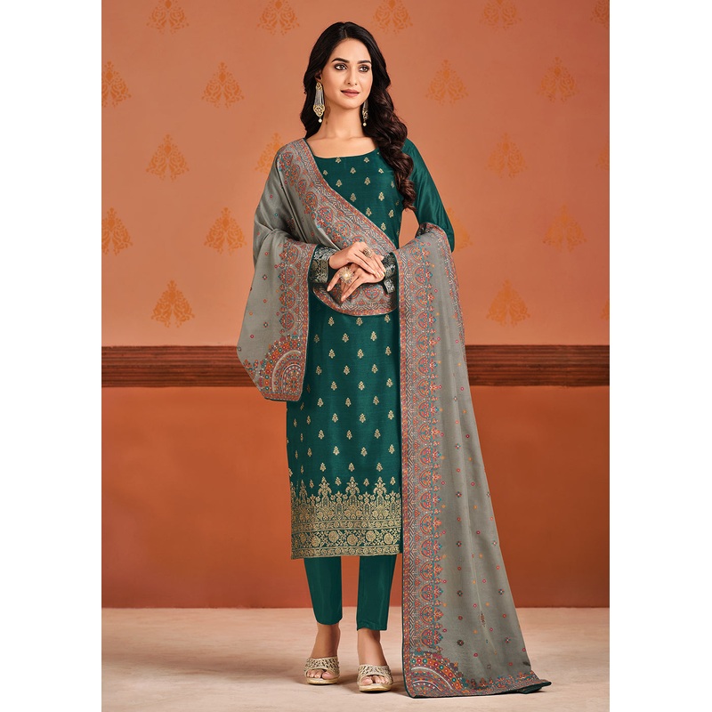 Green & Grey Silk Jacquard Sangeet Wear Pant Style Suit