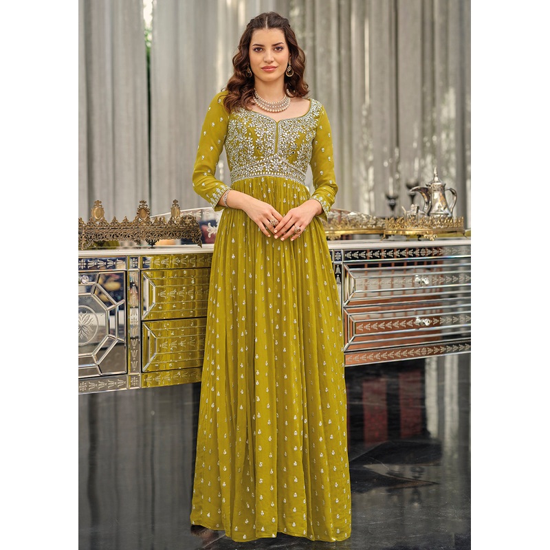 Green Mahendi Wedding Party Wear Long Anarkali Gown