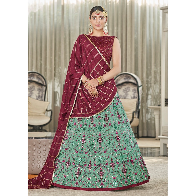 Green & Maroon Multi Sequins & Thread Wedding A Line Lehenga