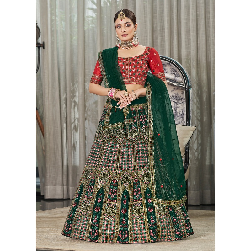 Green & Red Multi Sequins & Thread Wedding A Line Lehenga