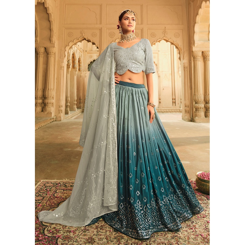Grey to Teal Blue Multi Color Sequins Festive Lehenga Choli