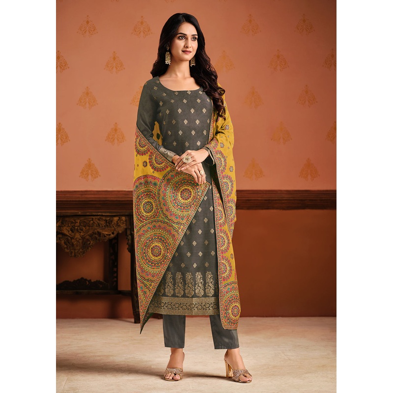 Grey & Yellow Silk Jacquard Sangeet Wear Pant Style Suit