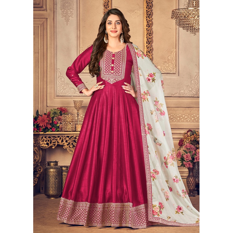 Hot Pink Silk Beautifully Embroidered Floor Length Anarkali