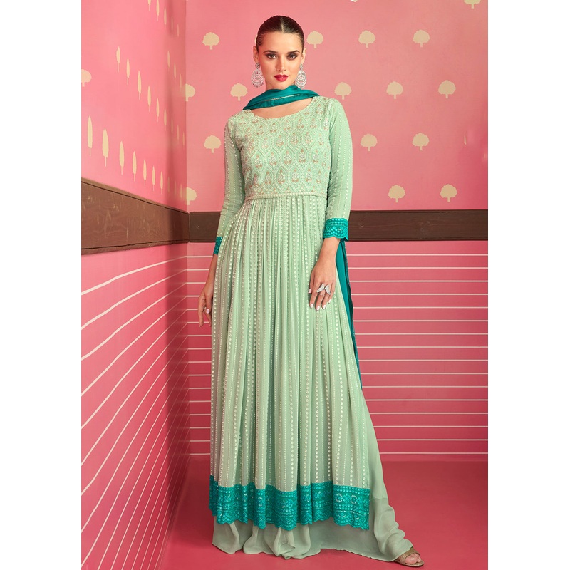 Iconic Aqua Green Embroidered Long Palazzo Suit
