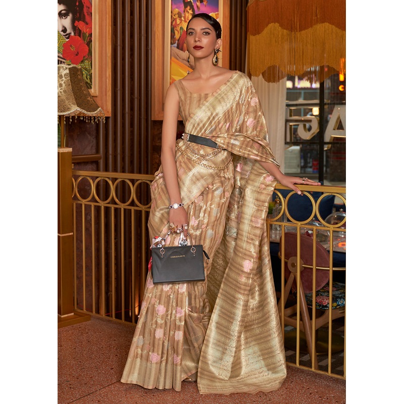 Imperial Beige Linen Fabric Party Wear Weaving Saree