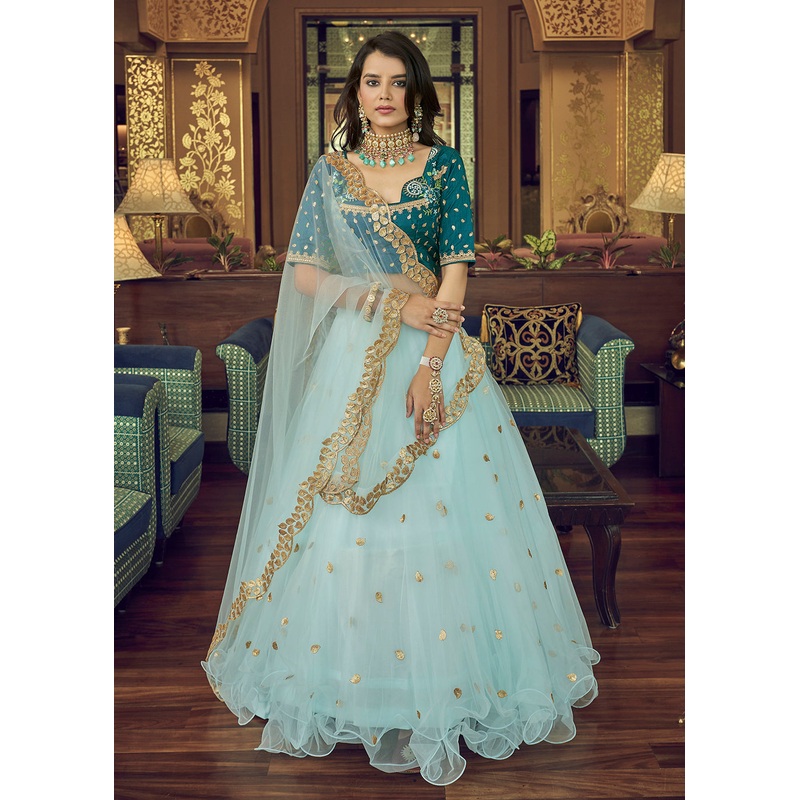 Impressive Sky Blue Heavy Net Party Wear Lehenga Choli