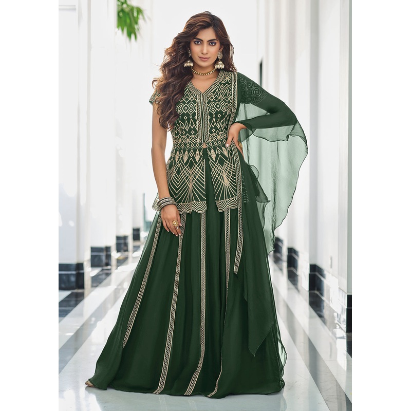 Indo Western Green Georgette Festive Party Lehenga Skirt Suit