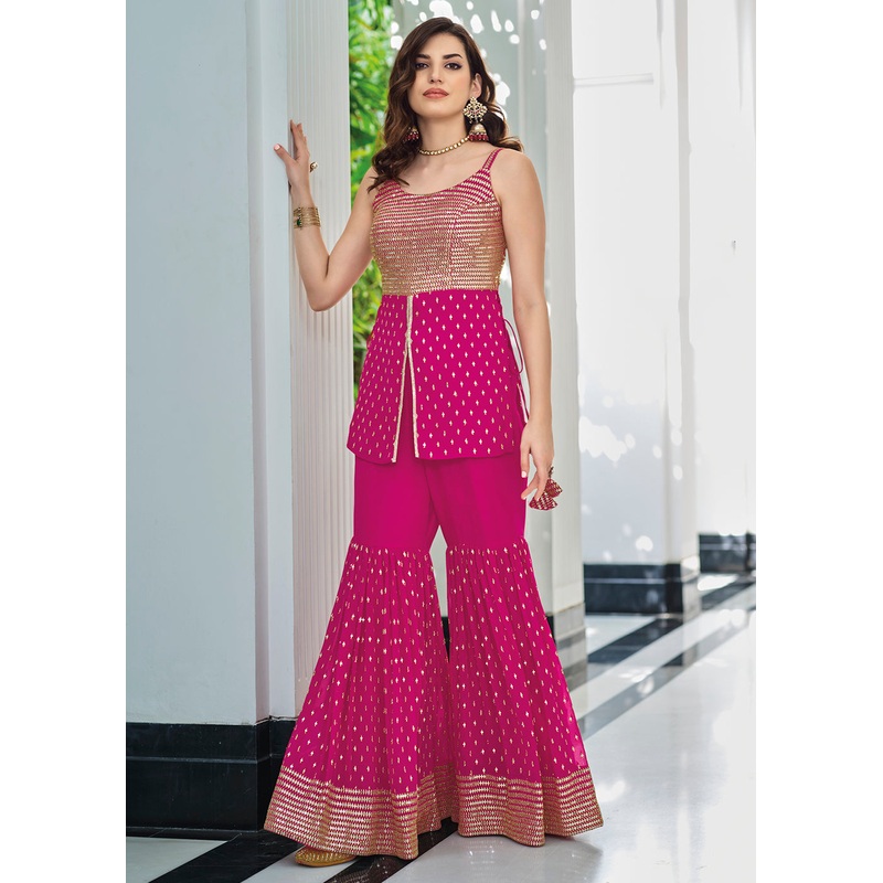 Indo Western Magenta Georgette Festive Party Gharara Suit