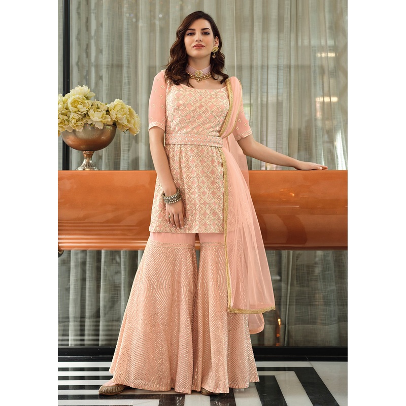 Indo Western Peach Georgette Festive Party Gharara Suit