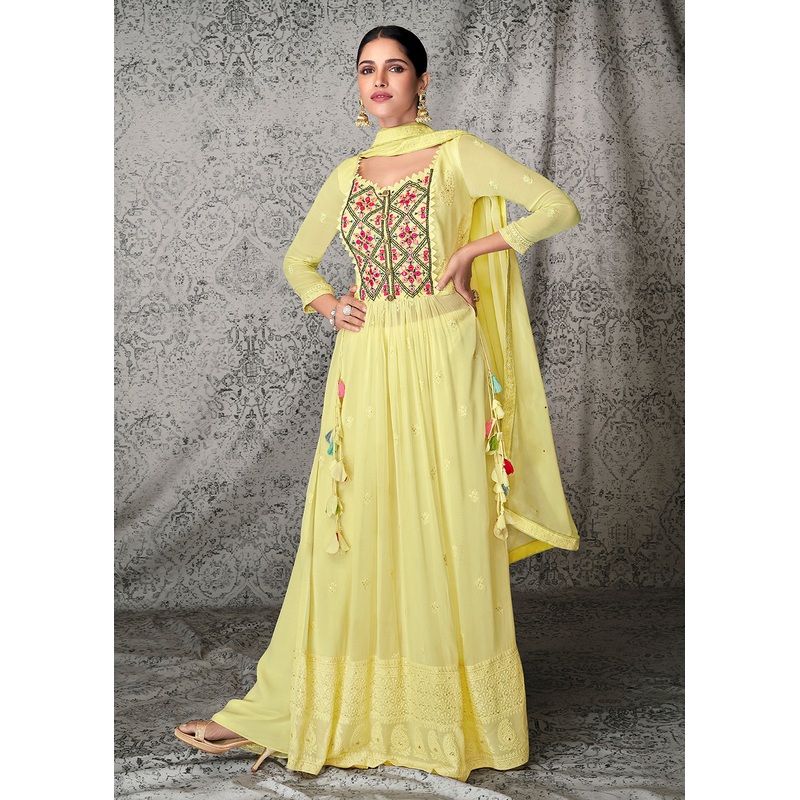 Inventive Yellow Georgette Wedding & Festival Palazzo Suit
