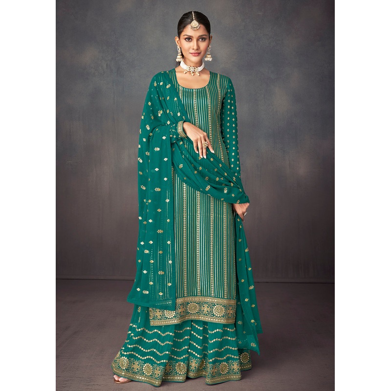 Jade Green Georgette Embellished Festive Sharara Suit