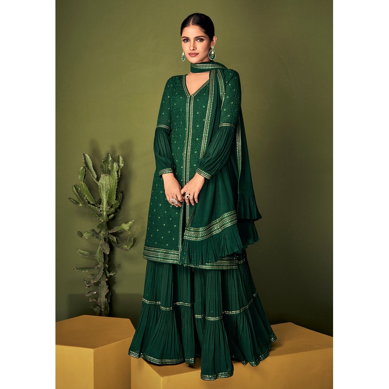 Luminous Dark Green Georgette Function Wear Palazzo Suit
