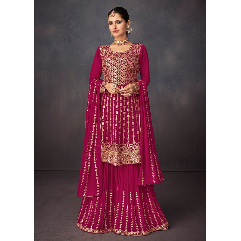 Magenta Pink Georgette Embellished Festive Sharara Suit
