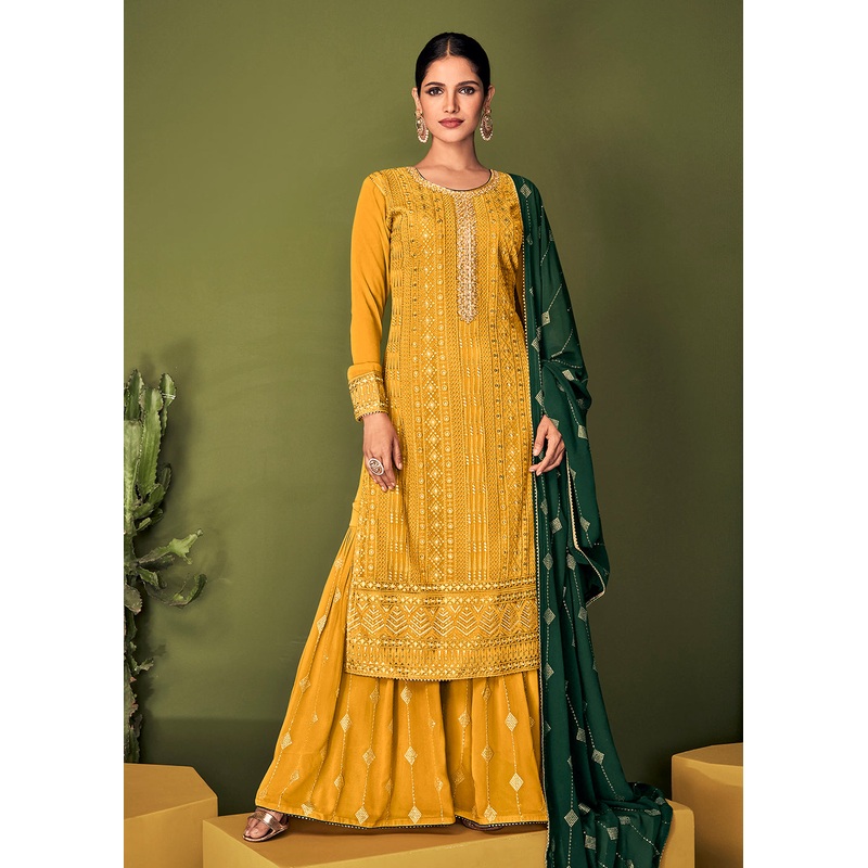Magnificent Canary Yellow Georgette Function Wear Palazzo Suit