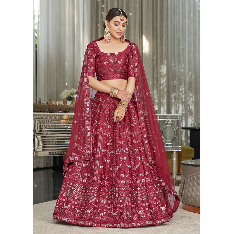 Maroon Multi Sequins & Thread Wedding A Line Lehenga
