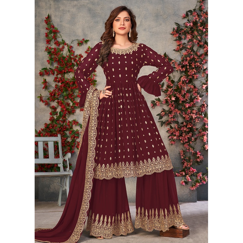 Marvelous Maroon Georgette Sangeet Wear Sharara Suit