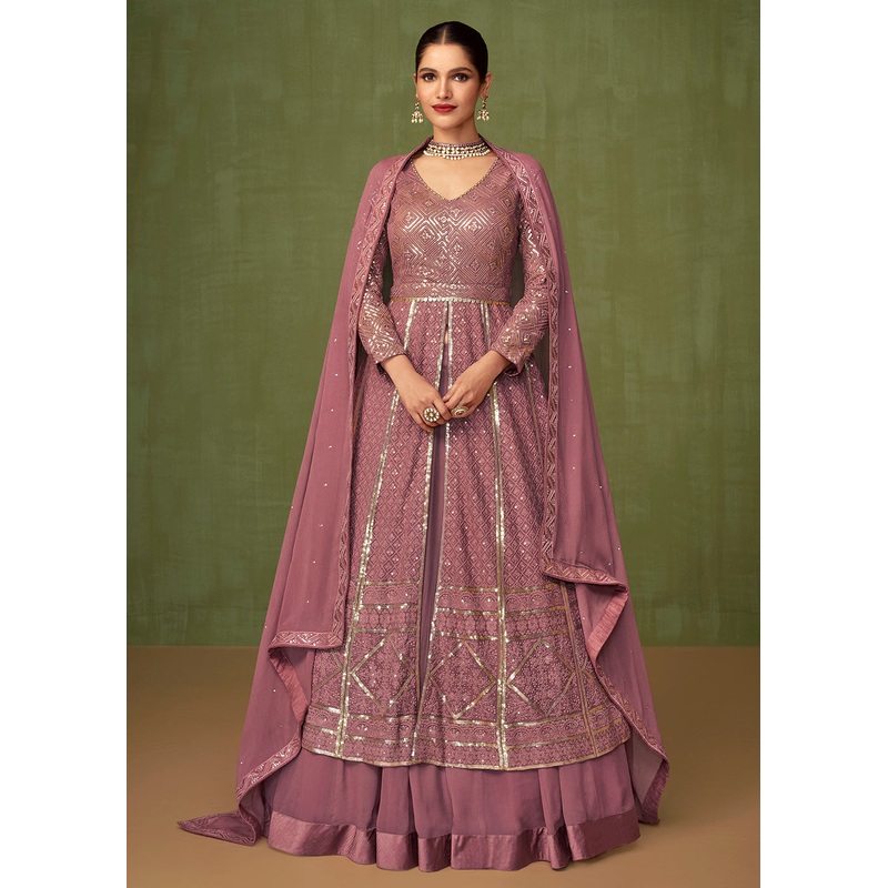 Mauve Purple Georgette Wedding Party Skirt Anarkali Suit