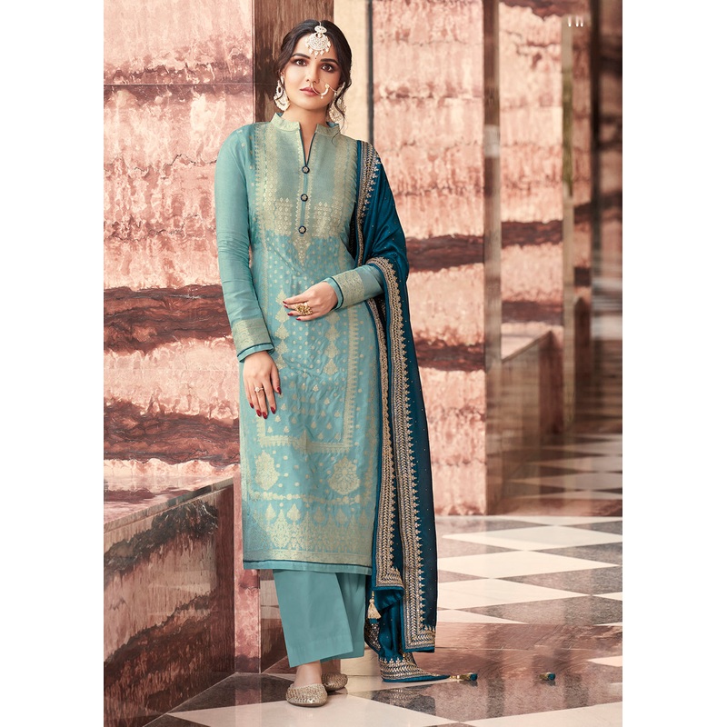 Mesmerizing Blue Dola Silk Jacquard Festival Salwar Kameez