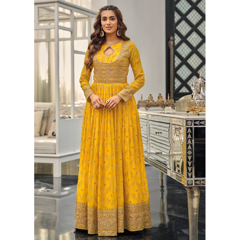Mustard Haldi Wedding Party Wear Long Anarkali Gown