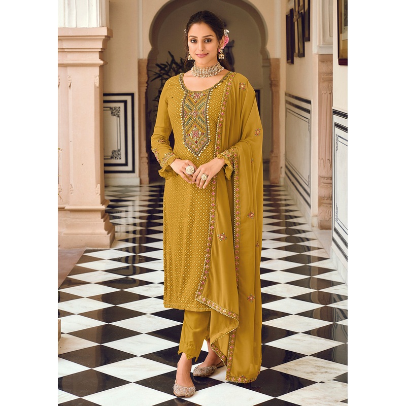 Mustard Yellow Embroidered Georgette Ceremonial Salwar Kameez