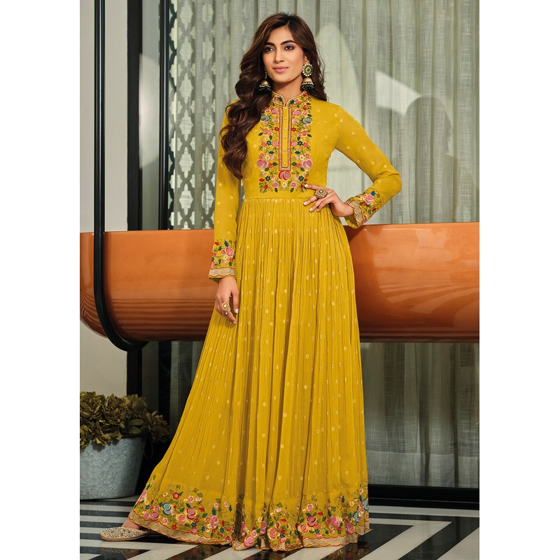 Mustard Yellow Flower Embroidered Georgette Anarkali Dress