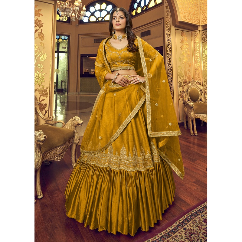 Mustard Yellow Lino Silk Ruffle Party Wear Lehenga Choli
