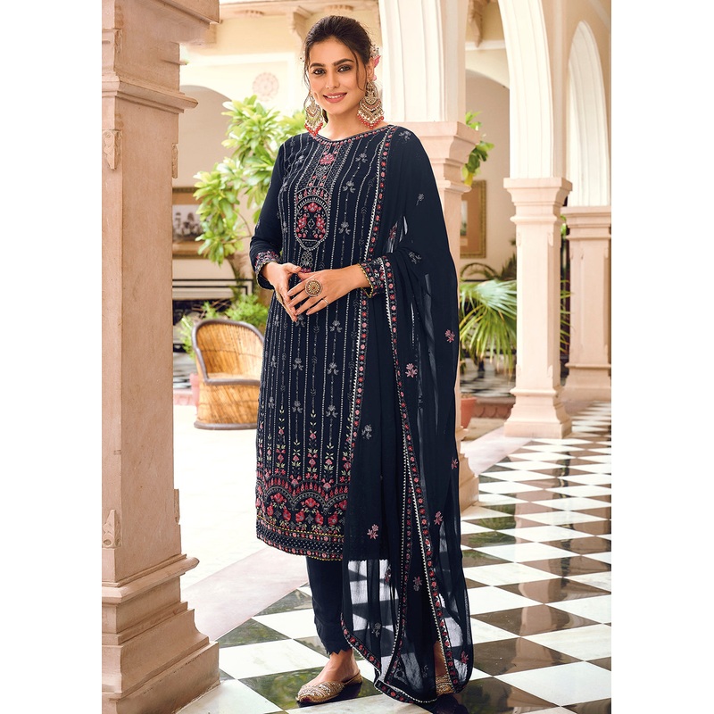 Navy Blue Embroidered Georgette Ceremonial Salwar Kameez