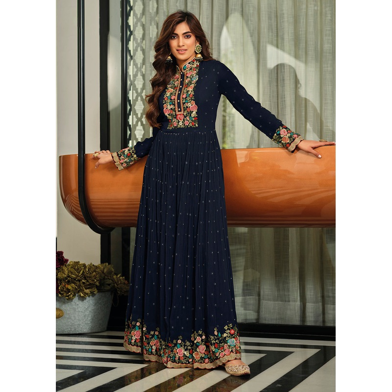 Navy Blue Flower Embroidered Georgette Anarkali Dress