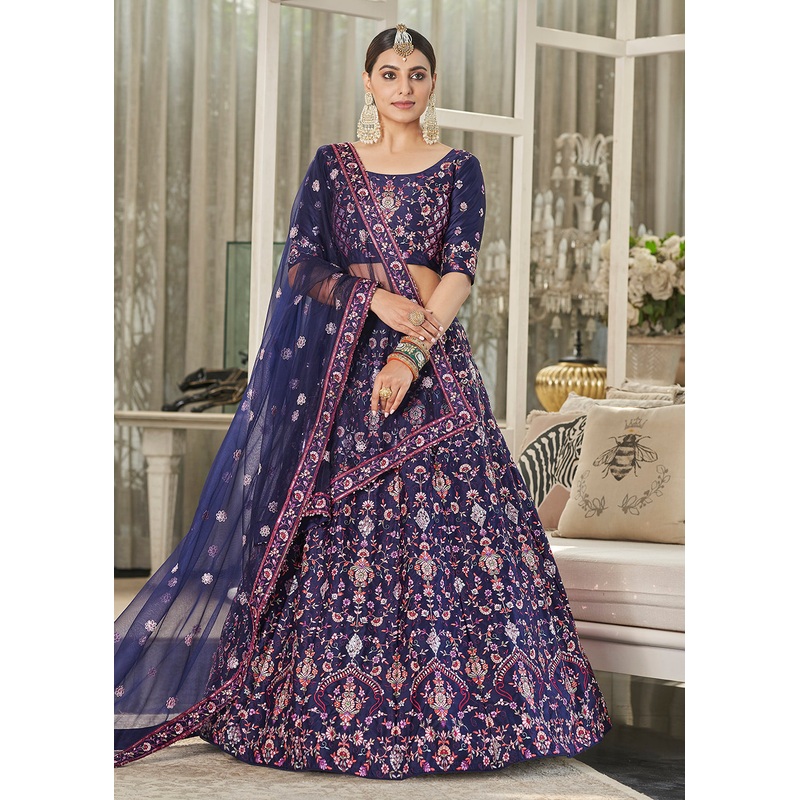 Navy Blue Multi Sequins & Thread Wedding A Line Lehenga