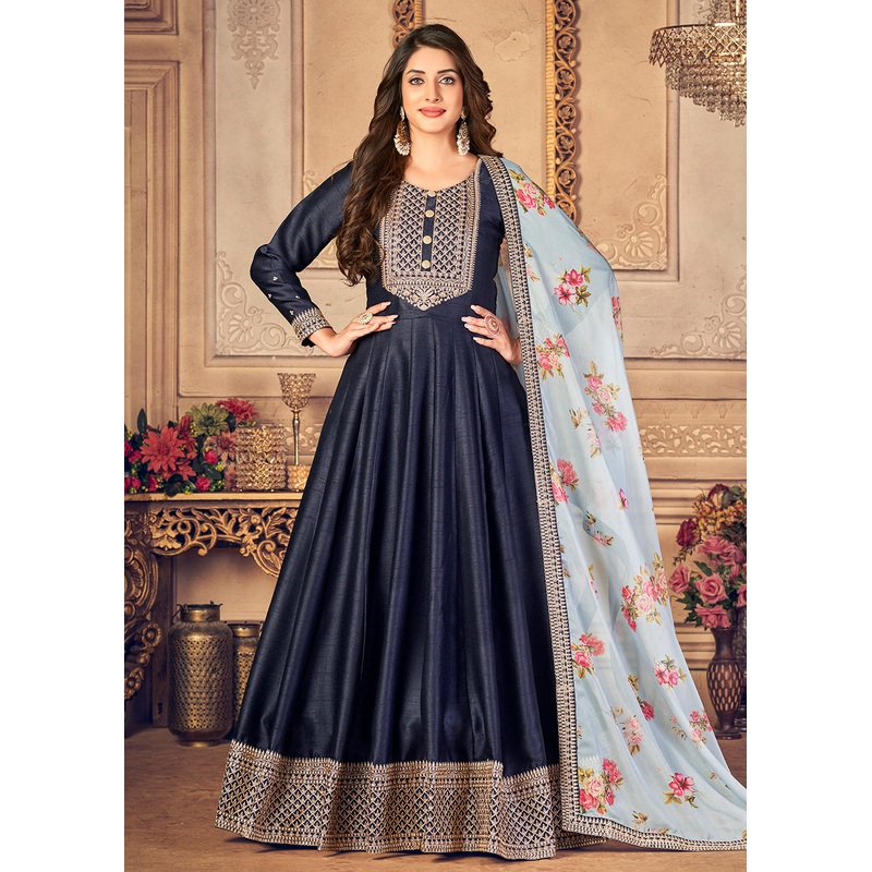 Navy Blue Silk Beautifully Embroidered Floor Length Anarkali