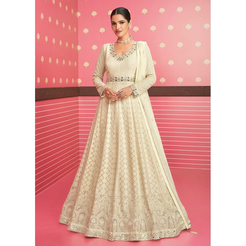 Off White Lucknowi Chikankari Embroidered Bridesmaid Anarkali Suit